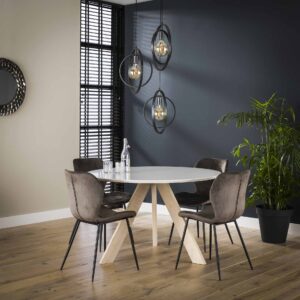 D - Hoyz Collection - Eetkamertafel blad rond - Eettafel Wit MDF - Massief Eiken Frame - 5 personen - Ø120