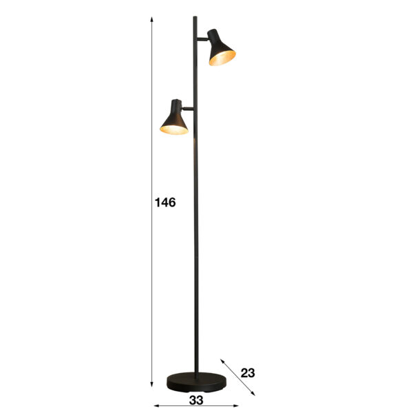 D - Vloerlamp Industrieel - 2 Lampen - Mat Zwart - Goud