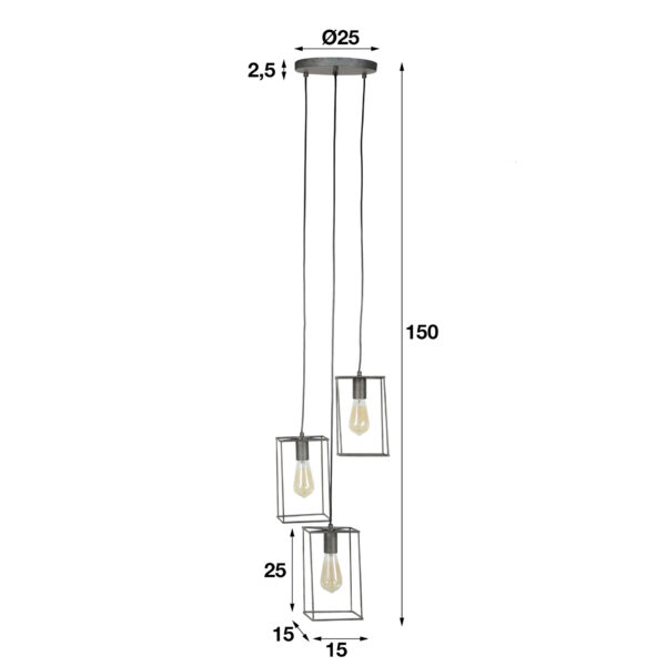 D - Hoyz - Hanglamp Cubic Getrapt - 3 Lampen - Grijs/Zwart