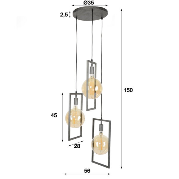 D - Hoyz - Hanglamp - 3 Metalen Hanglampen - Modern Industrieel - Diverse Hoogte