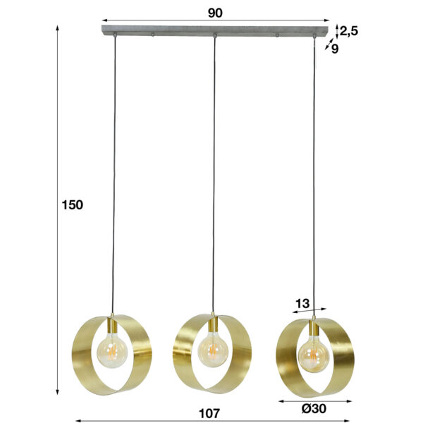 D - Hoyz - Hanglamp Vegas met 3 ronde lampen - Goud afgewerkt - 150cm lang - Industriële Hanglamp voor woonkamer of eetkamer
