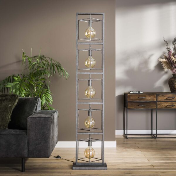D - Vloerlamp Industrieel - 5 Lampen - Giant Tower - Grijs - 180CM
