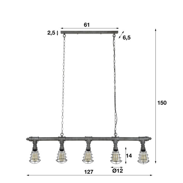 D - Hoyz - Hanglamp Industrial Tube - 5xØ12 - Grijs/Zwart