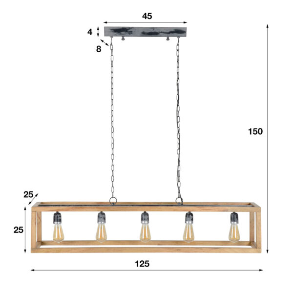 D - Hoyz - Hanglamp - 5 armatuur punten - Mango Houten Frame - Rechthoekig