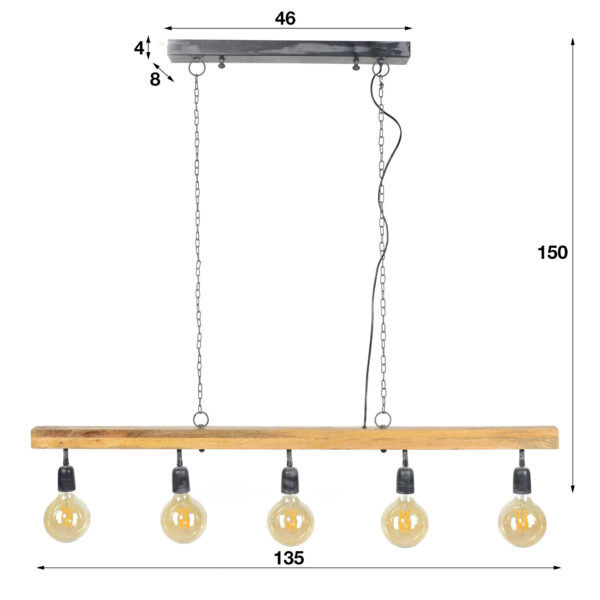 D - Hoyz - Hanglamp - 5 armatuur punten - MangoHouten Balk - 135x5 cm
