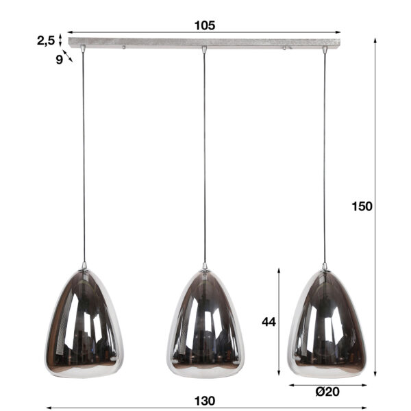 D - Hoyz - Industriele Hanglamp - 3 Lampen - Silver Pearl Glas