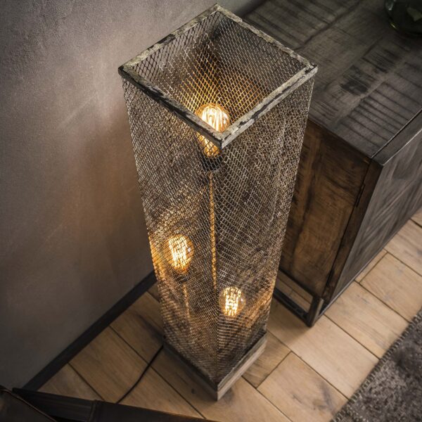 D - Vloerlamp Industrieel - Rechthoek - Mesh - Houten Voetje