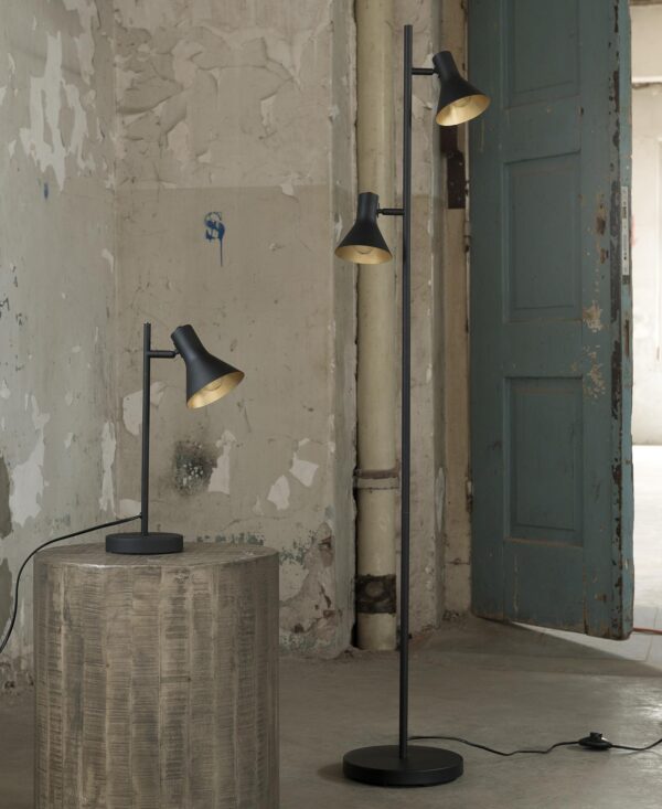 D - Vloerlamp Industrieel - 2 Lampen - Mat Zwart - Goud