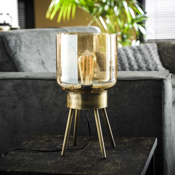 dcd1-4c0b-4351-9a76-22a79b35600e.jpg D - Hoyz - Tafellamp Amber - Vintage Tafellamp van Metaal en Glas - Goudkleurig