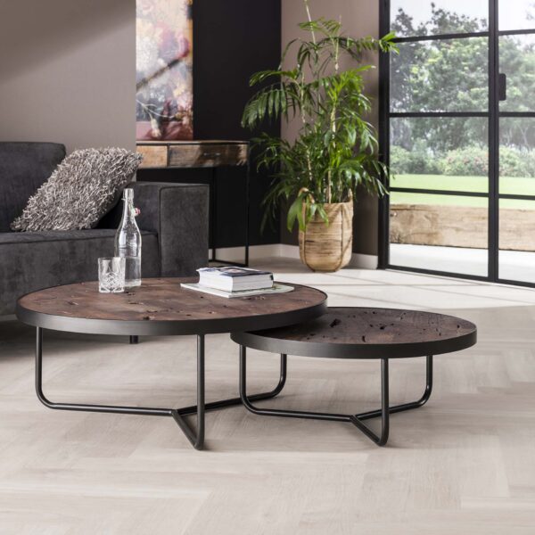 D - Hoyz - Salontafel Acaciahout - Ø90 - Dark Wash - Set van 2 - 90x90x35
