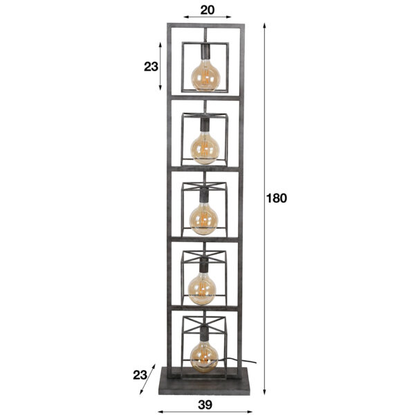 D - Vloerlamp Industrieel - 5 Lampen - Giant Tower - Grijs - 180CM