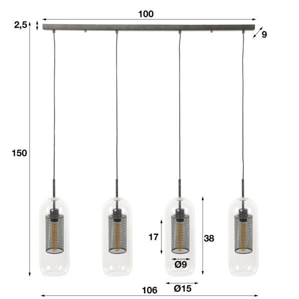 D - Hoyz - Hanglamp - 4xØ15 - Van Glas en Geperforeerd Staal