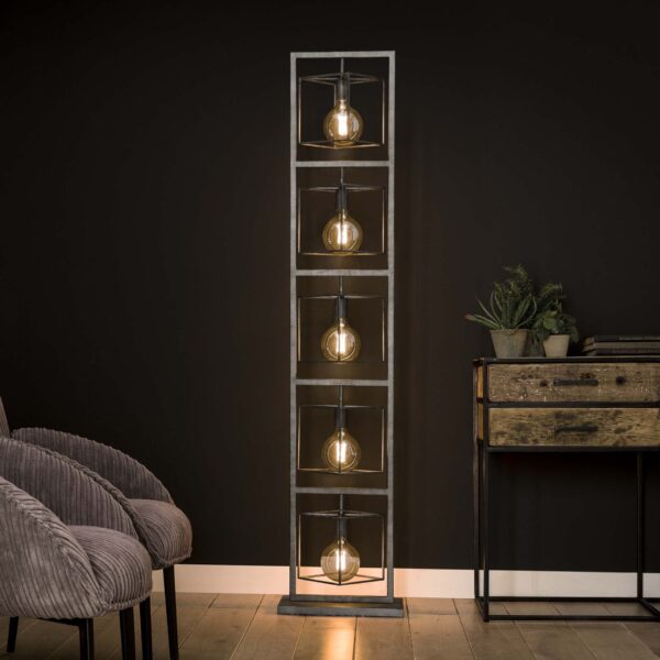D - Vloerlamp Industrieel - 5 Lampen - Giant Tower - Grijs - 180CM