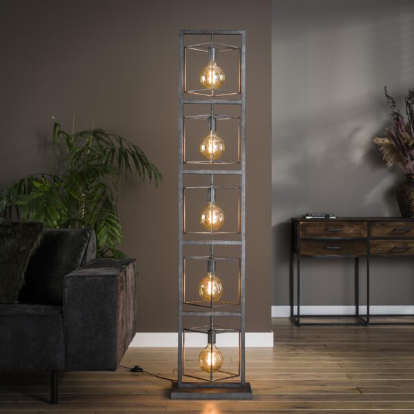 D - Vloerlamp Industrieel - 5 Lampen - Giant Tower - Grijs - 180CM